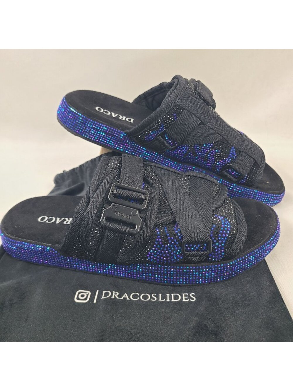NEW Draco Slides Black & Blue Diamond Flame Rhinestone Buckle Sandals Sz 11-12